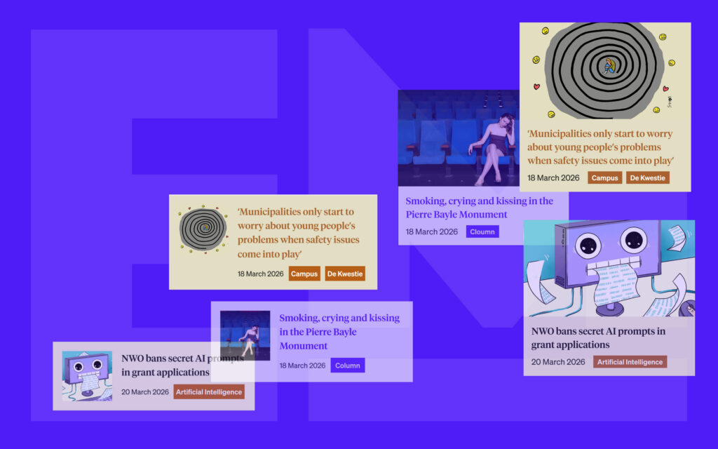 Een verzameling van verschillende artikelkaarten van de Erasmus Magazine website, zwevend op een paarse achtergrond, met onderwerpen als AI-prompts en een column over het Pierre Bayle Monument.