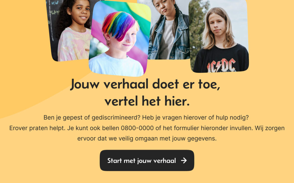 Een website-sectie met de tekst "Jouw verhaal doet er toe, vertel het hier", vergezeld door portretten van drie verschillende jongeren.
