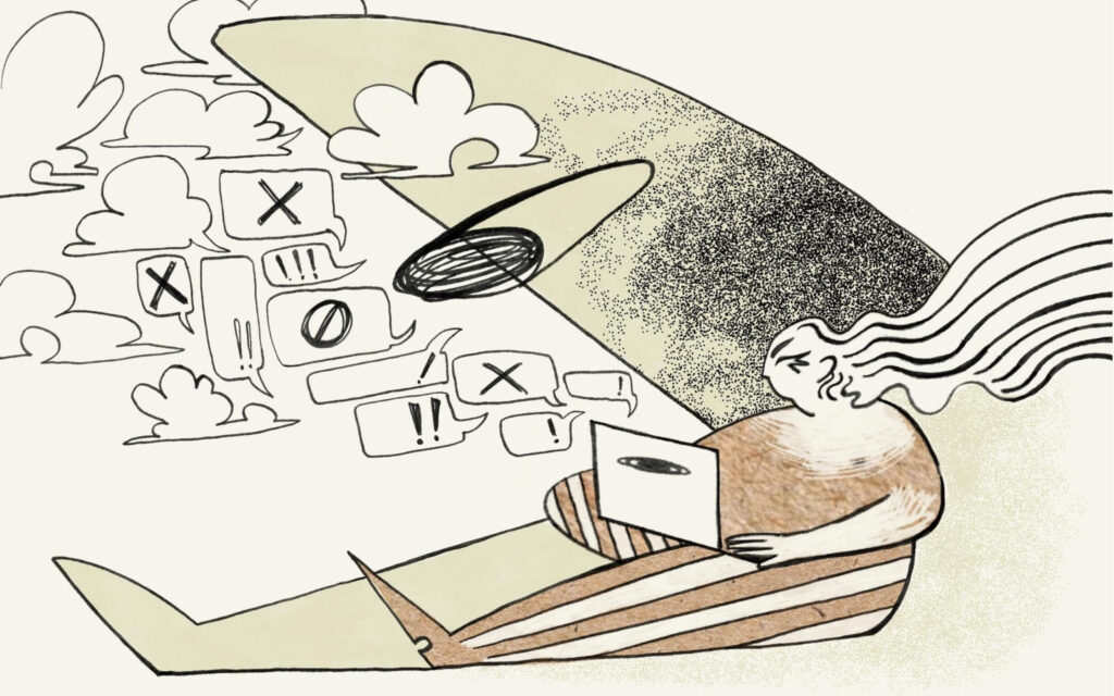 Een artistieke illustratie van een persoon die op een gestreept kussen zit en op een laptop werkt, omringd door tekstballonnen met symbolen zoals kruisen, uitroeptekens en verbodstekens.