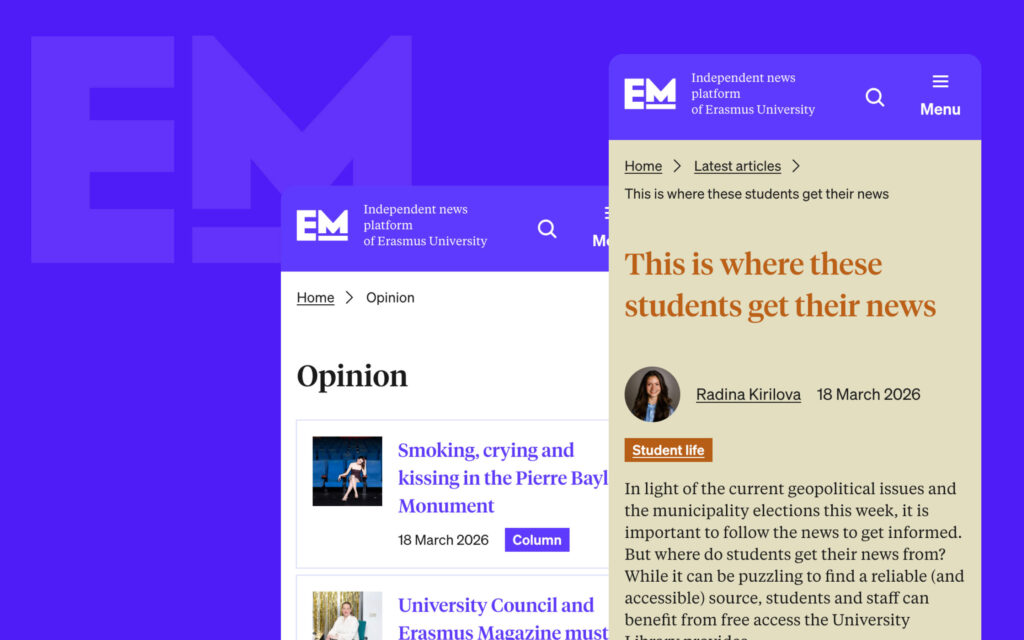 Mobiele weergave van de Erasmus Magazine website die de secties 'Opinion' en 'Latest articles' toont, met een duidelijke focus op studentenleven en universitaire berichtgeving.