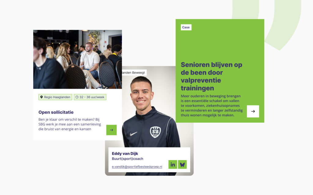 Collage van cards met de portretfoto van Eddy van Dijk, Buurt(sport)coach, en een case study over valpreventietrainingen voor senioren.