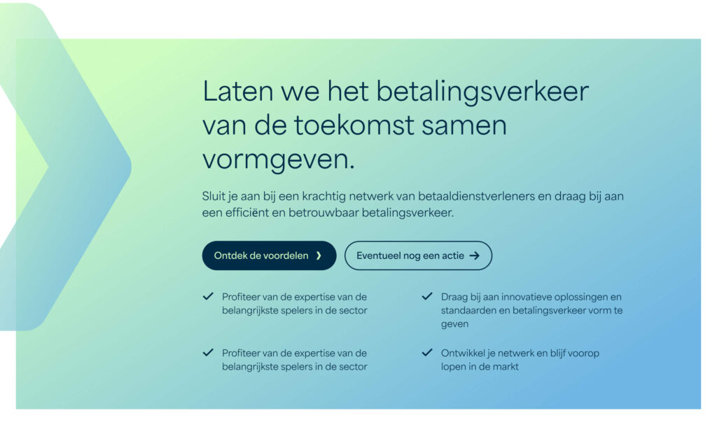 Een tekstvlak dat oproept tot het samen vormgeven van de toekomst van betalingsverkeer, inclusief voordelen en actieknoppen.