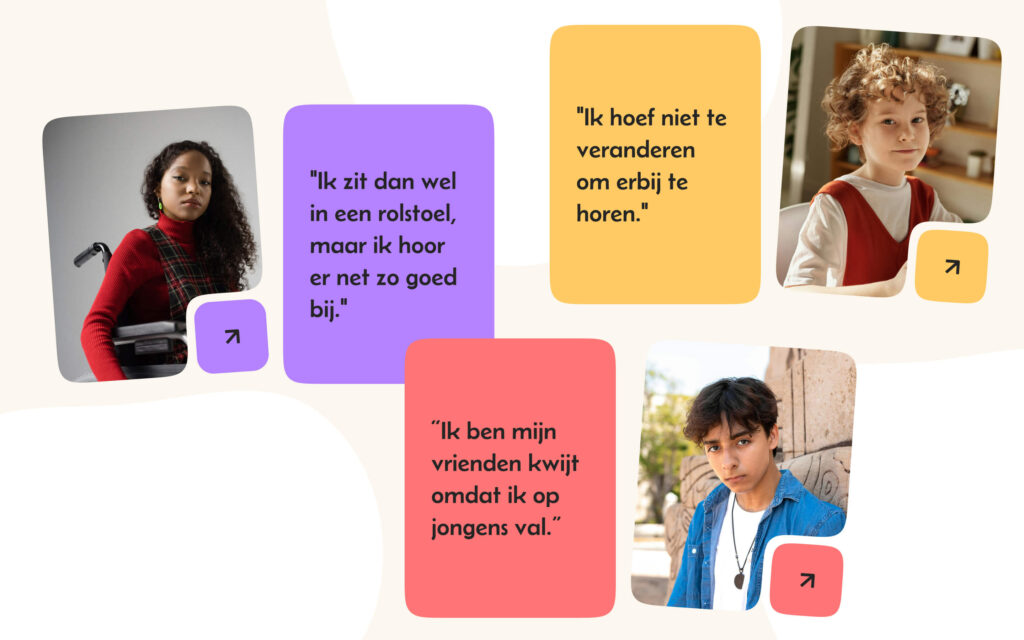Een interactieve interface met quotes van jongeren over uitsluiting en acceptatie, zoals: "Ik hoef niet te veranderen om erbij te horen."
