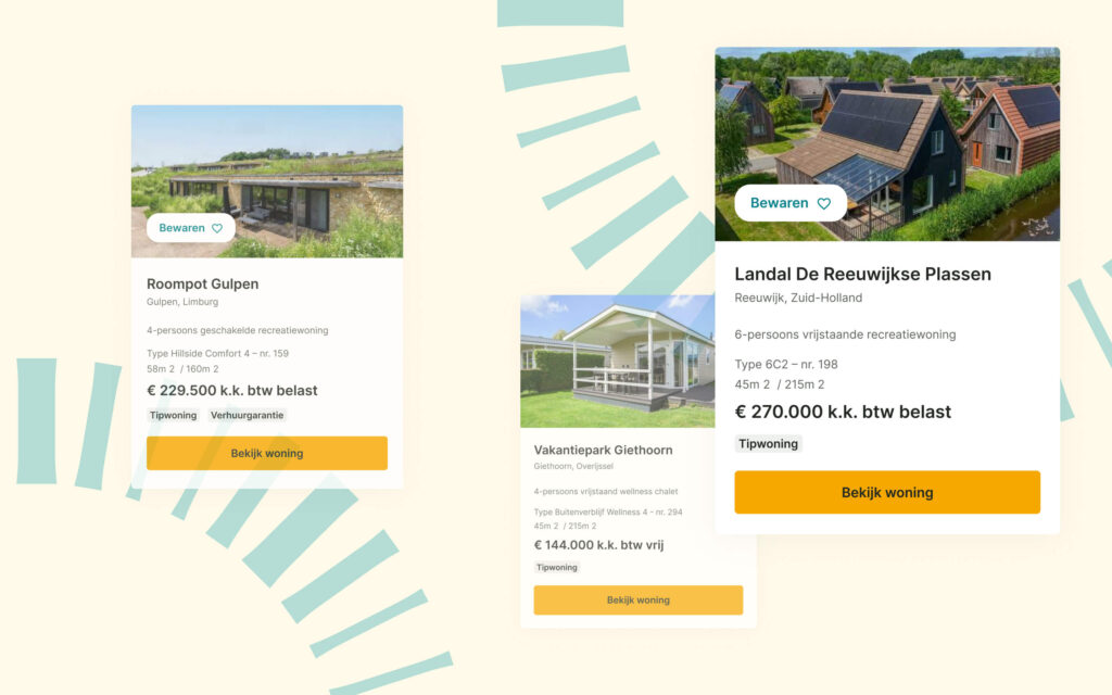 Overzicht van drie verschillende woningtypes op de website: Roompot Gulpen, Vakantiepark Giethoorn en Landal De Reeuwijkse Plassen.