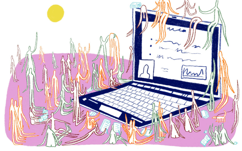 Een levendige illustratie van een grote blauwe laptop op een roze ondergrond, omringd door tientallen kleine, kleurrijke mensfiguren die naar het scherm kijken of omheen dwalen.