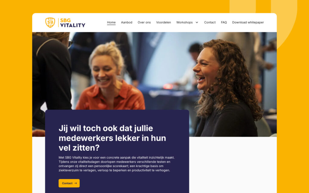 Schermafbeelding SBG Vitality homepage: Inzicht in gezondheid en vitaliteit voor werknemers.