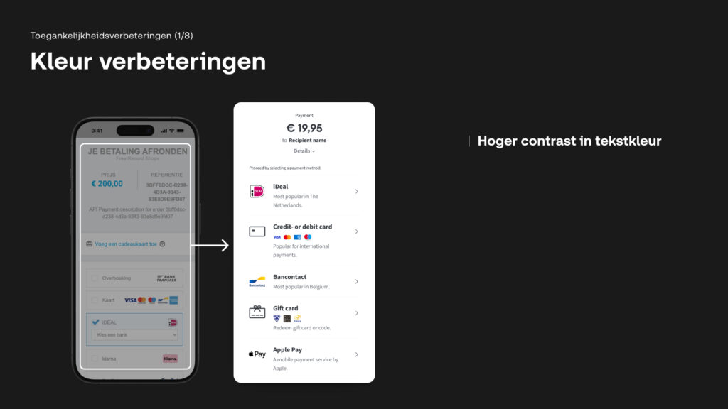 Een presentatie over toegankelijkheidsverbeteringen met de titel 'Kleur verbeteringen'. De afbeelding toont een transformatie van een oude interface met laag contrast naar een nieuwe, modernere betaalinterface op een smartphone met een hoger tekstcontrast voor betere leesbaarheid.
