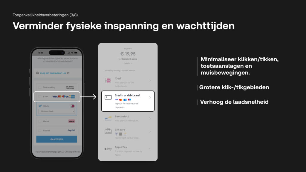 Presentatie over toegankelijkheidsverbeteringen met de titel 'Verminder fysieke inspanning en wachttijden'. De afbeelding vergelijkt een oude interface met veel stappen met een nieuwe, gestroomlijnde versie die het aantal klikken minimaliseert, grotere klikgebieden biedt en de laadsnelheid verhoogt.