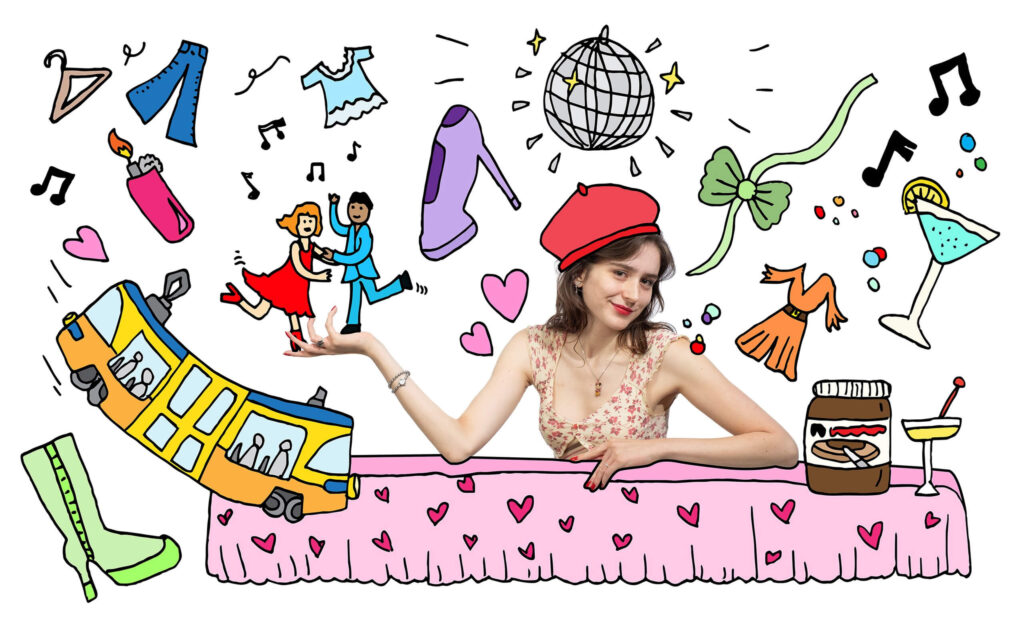 Een collage-illustratie met een jonge vrouw met een rode baret centraal; om haar heen zweven handgetekende iconen zoals een disco-bal, een cocktailglas, dansende figuren en een gele tram.
