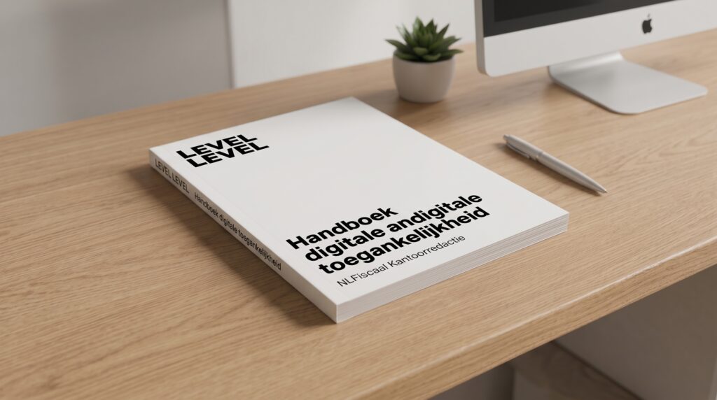 Het 'Handboek digitale toegankelijkheid' op een houten bureau.
