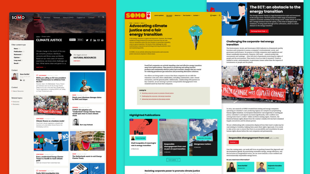 Drie lay-outs van pagina's op de website van SOMO.