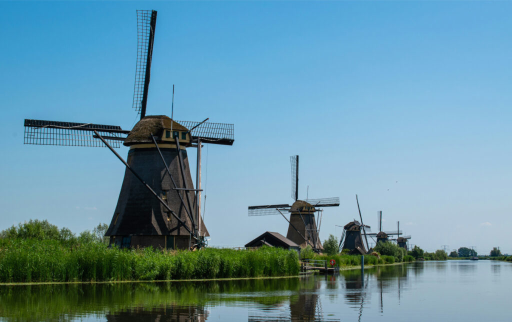 Rij traditionele windmolens langs een rietkraag en kalm water onder een heldere blauwe lucht.