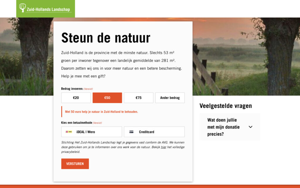 Websitepagina van Zuid-Hollands Landschap met donatieformulier.