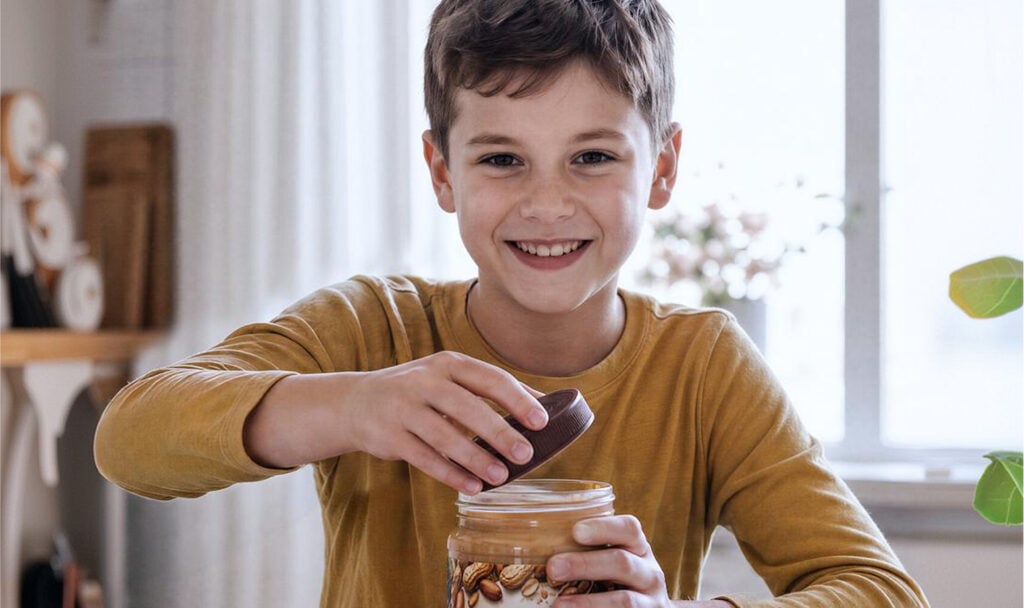 Kind opent potje pindakaas en kijkt vrolijk.
